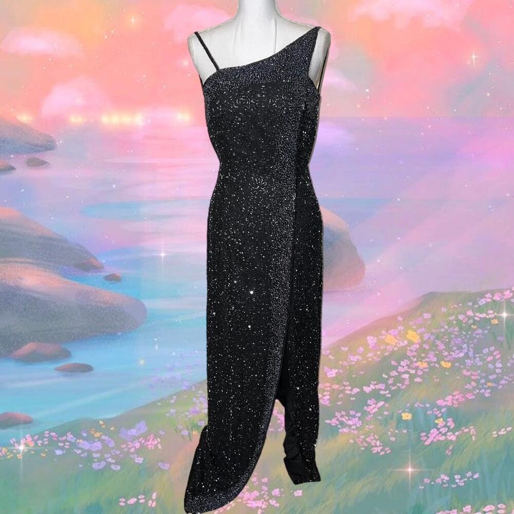 Gothic fairy 90s 100% silk beaded one shoulder prom dress